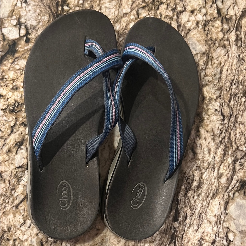 Chaco Gray Flip-Flops with Blue Accents